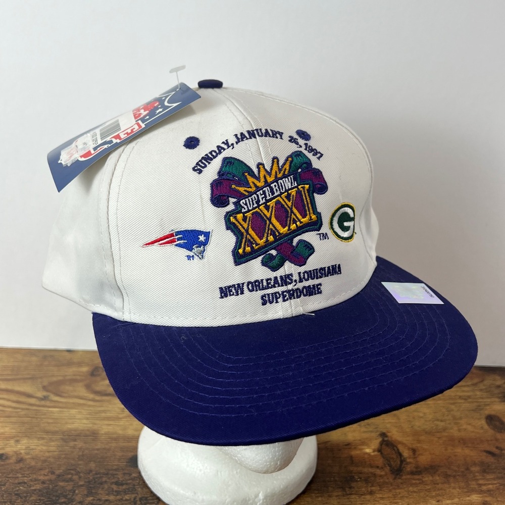 Vintage Logo 7 Super Bowl XXXI 1997 Patriots Packers Snapback Hat White Purple